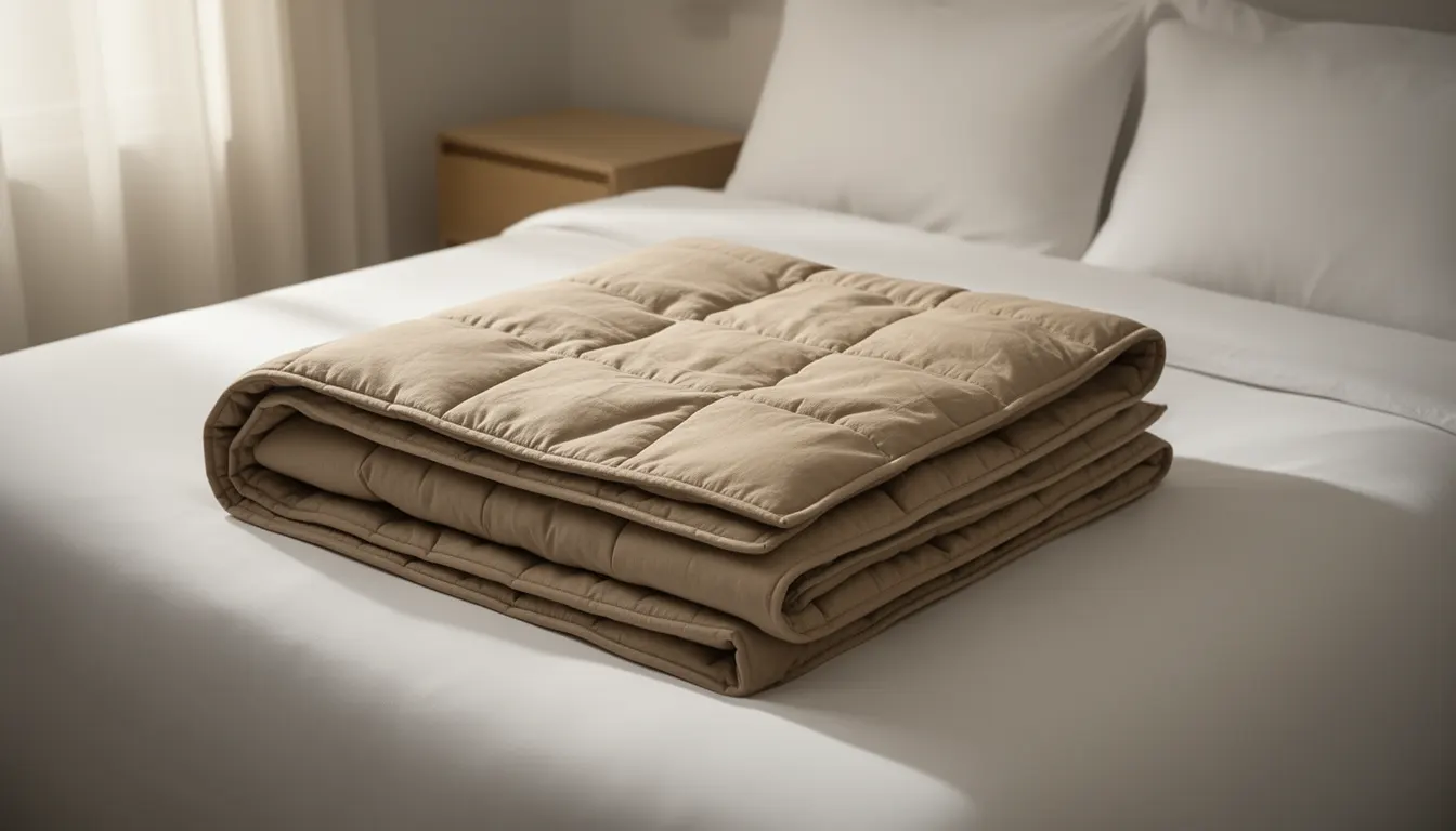 Couverture lestée en coton beige texturé posée sur un lit blanc, gros plan sur les carreaux de lestage