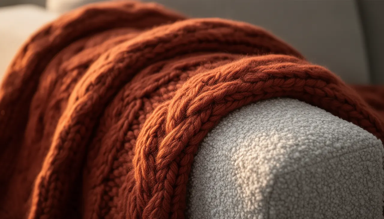 Texture grosse maille sur gris Gros plan texture plaid grosse maille terracotta sur canapé gris clair, lumière rasante