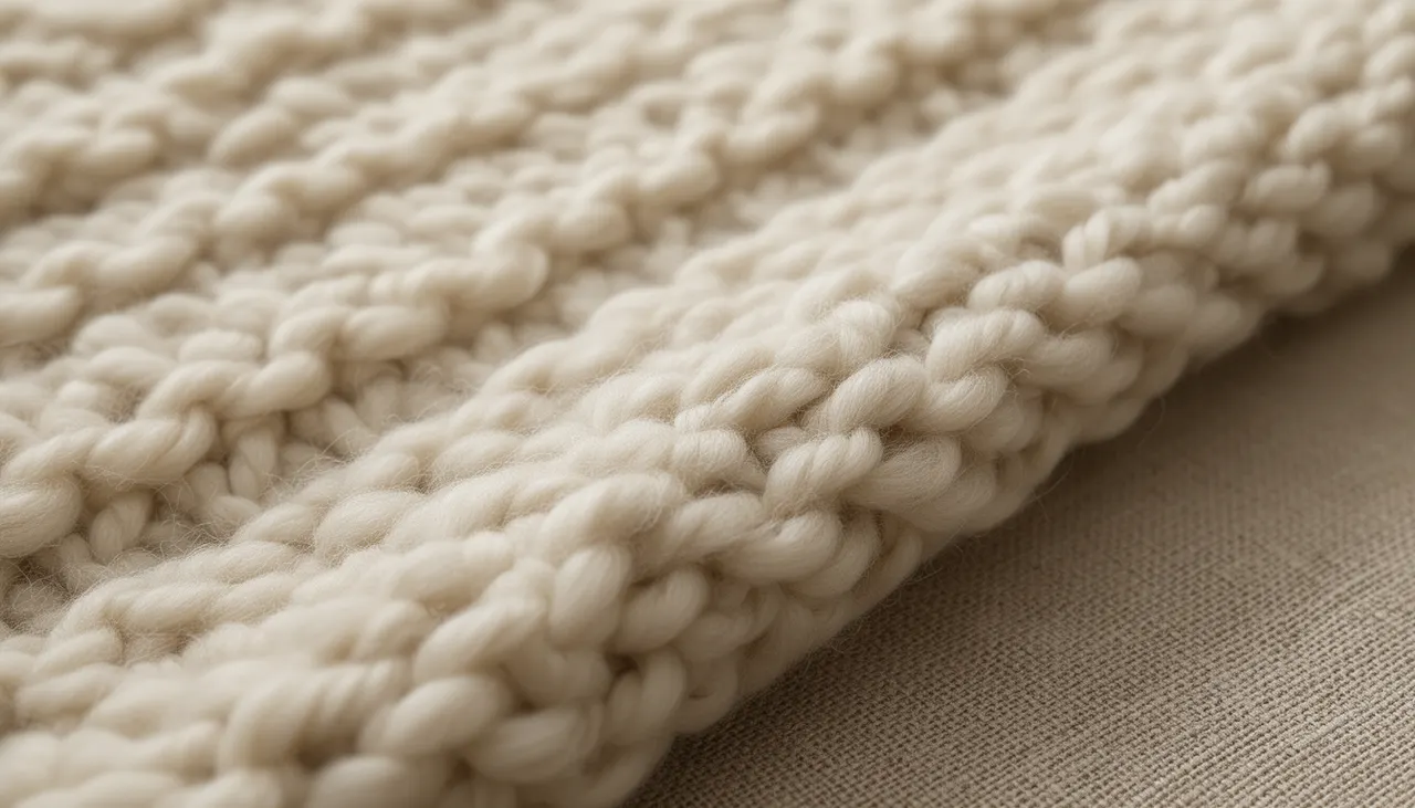 Texture plaid grosse maille détail Gros plan texture plaid grosse maille laine mérivois crème sur lin