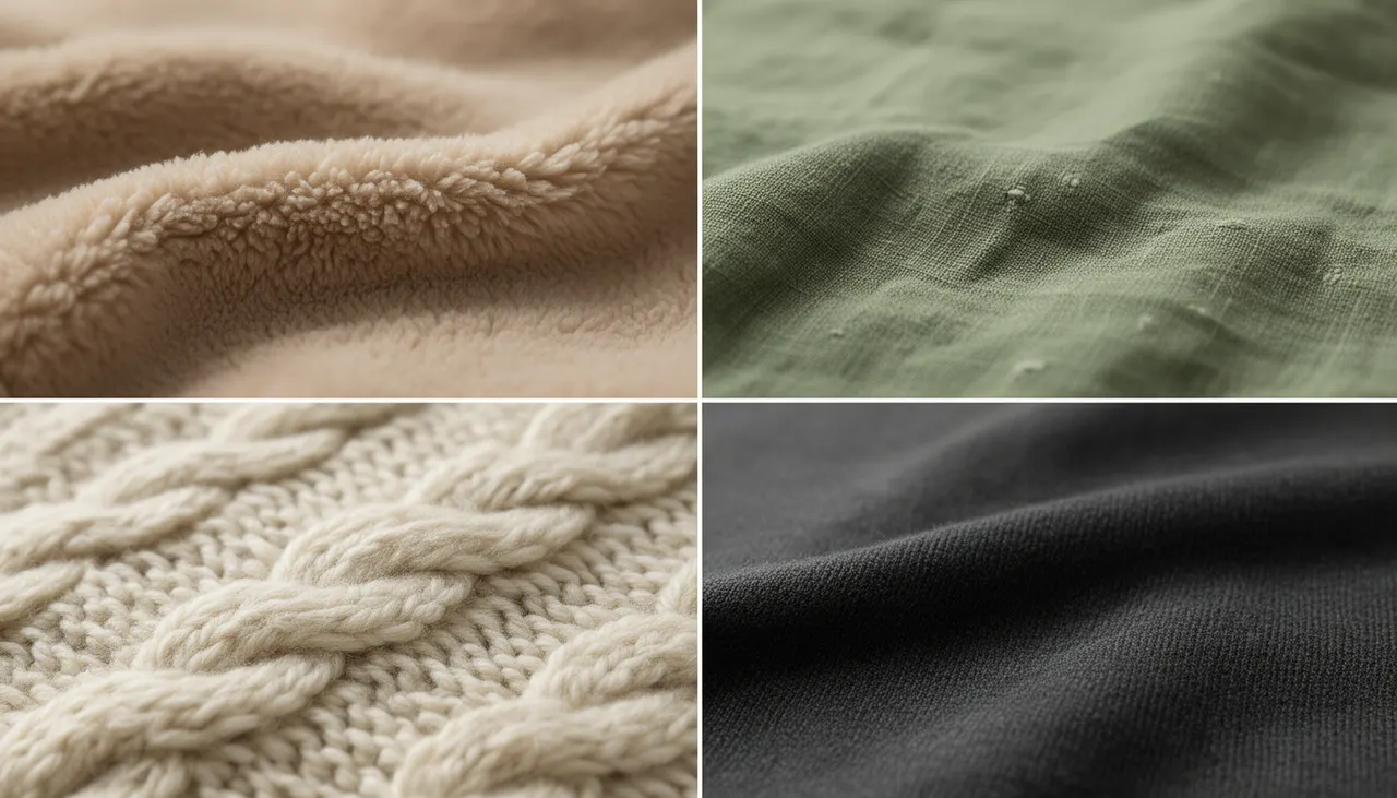 Textures matières plaids jetés Gros plan textures matières plaids : polaire brossée, lin lavé froissé, grosse maille tricotée, laine mérinos lisse