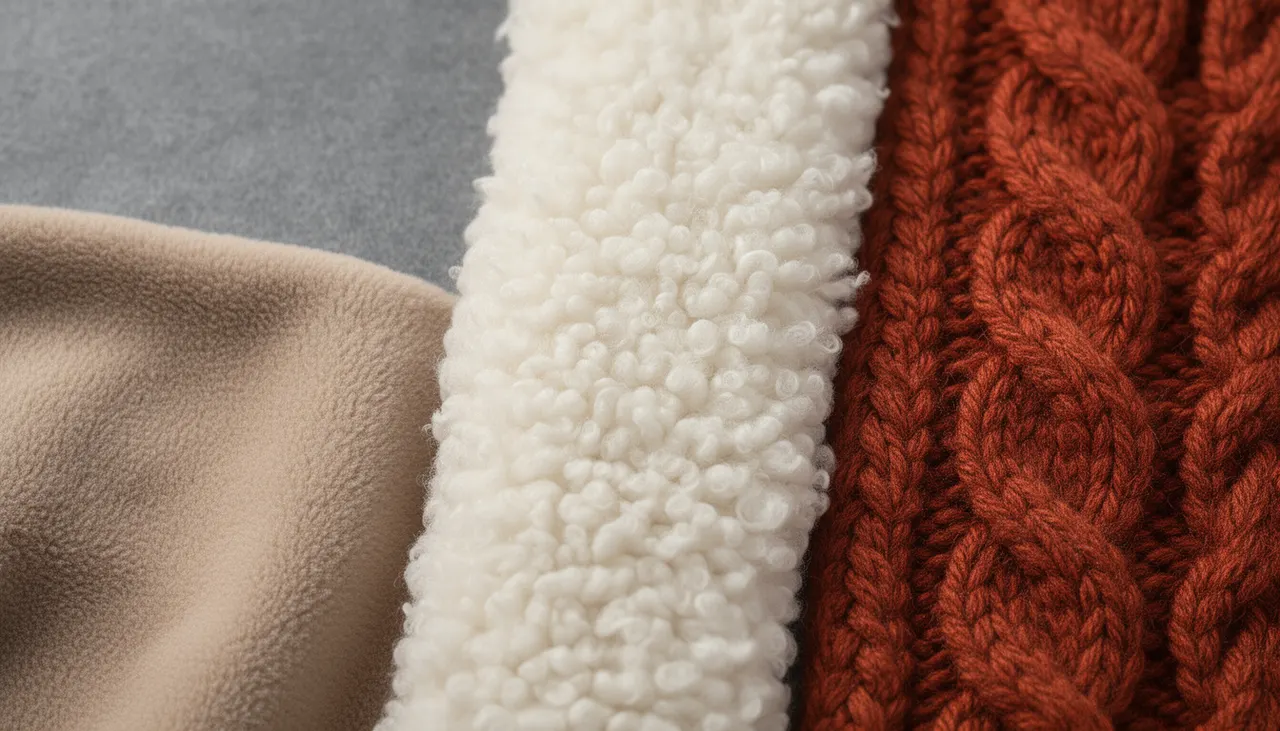 Textures plaids hiver : polaire, sherpa, grosse maille Comparatif textures plaids hiver : polaire lisse, sherpa bouclette, grosse maille torsade