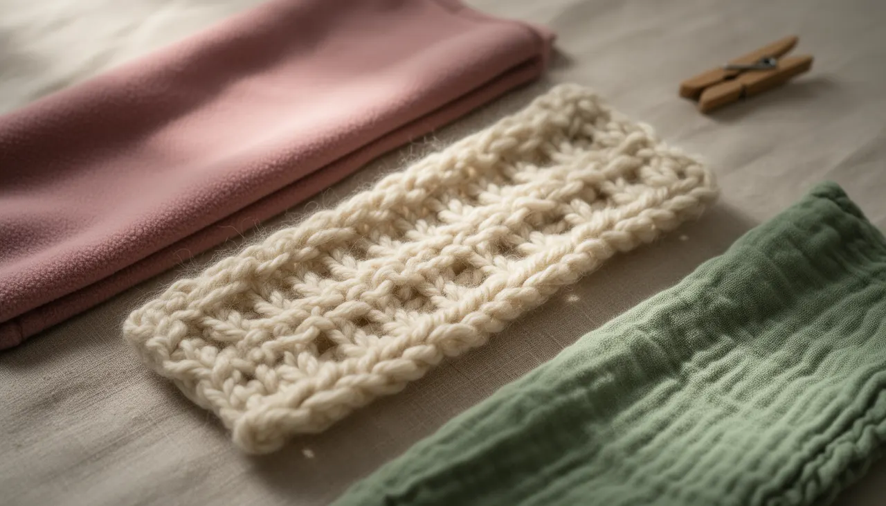 Textures principales pour jeté de lit Nuancier matières plaid : polaire lisse, grosse maille texturée, coton lavé