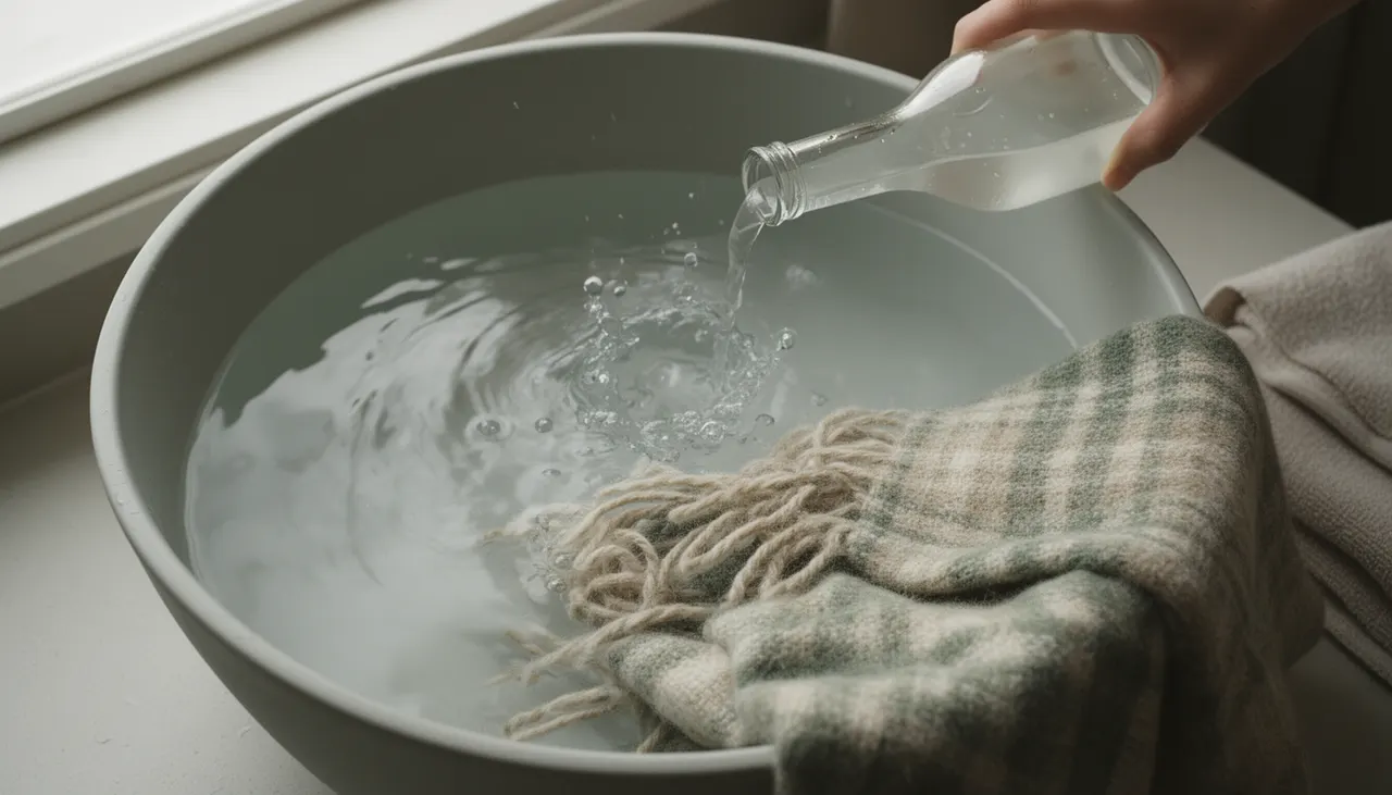 Trempage plaid laine vinaigre blanc Bassin d'eau froide avec vinaigre blanc et plaid en laine en trempage