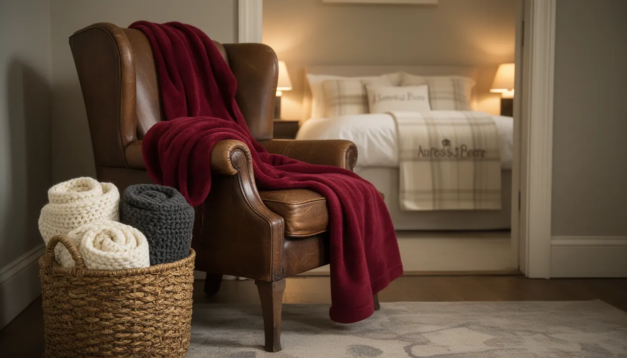 Trois poses déco efficaces Mise en scène plaids Noël : panier osier, drapé fauteuil, pied de lit