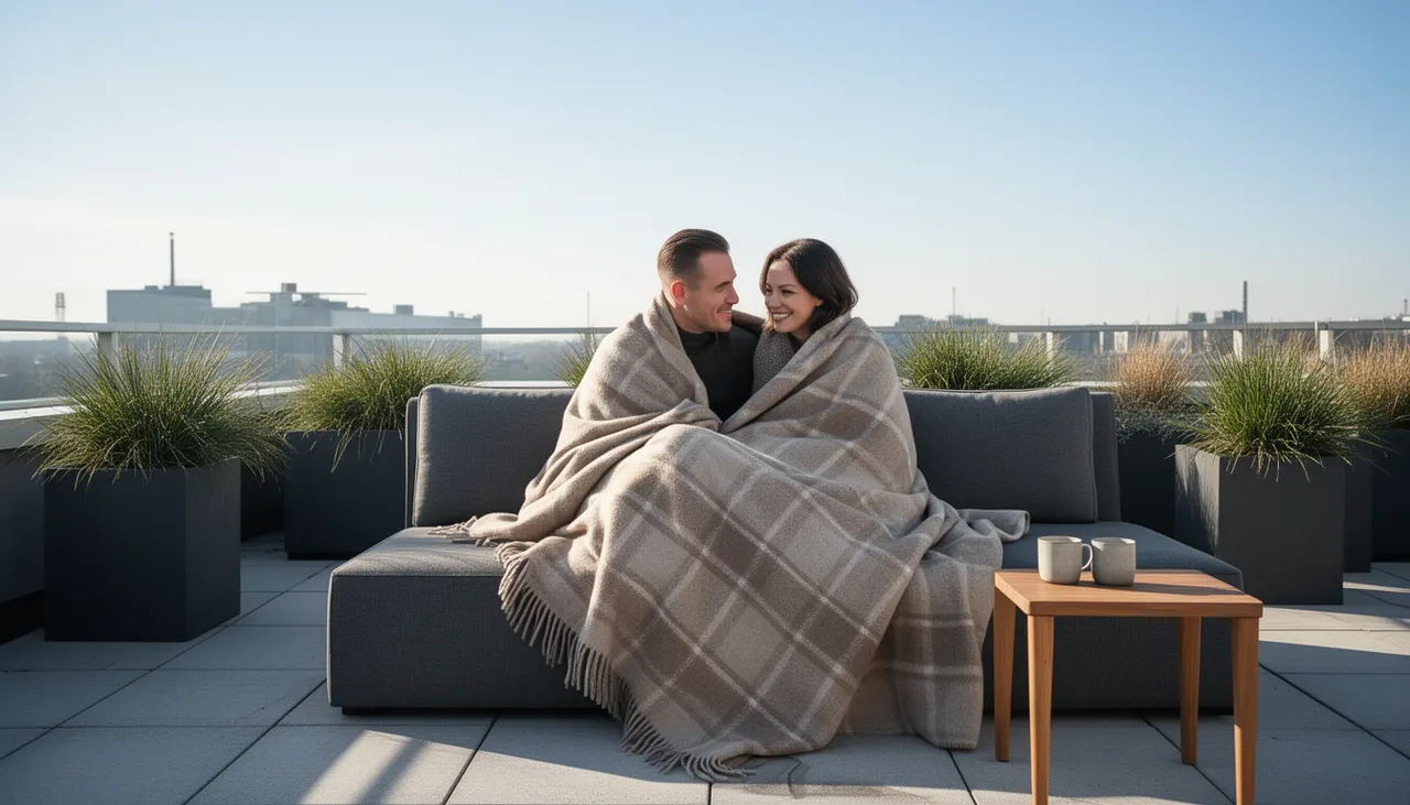 Usage plaid terrasse lecture Couple sur terrasse hiver sous plaid acrylique taupe lisant et buvant thé